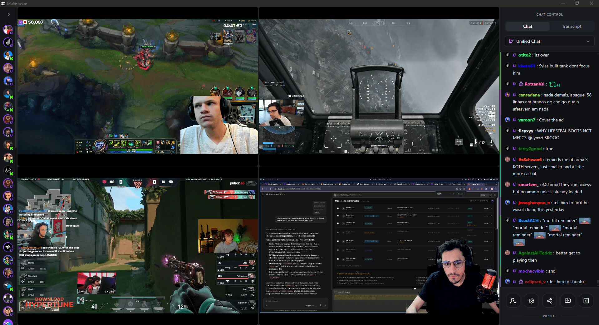 Multistream desktop application interface with live streams and unified chat